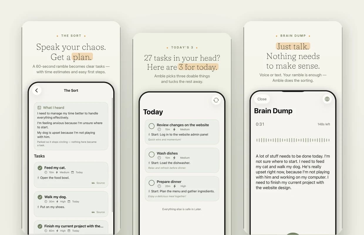Amble - ADHD brain dump and daily planner iOS app